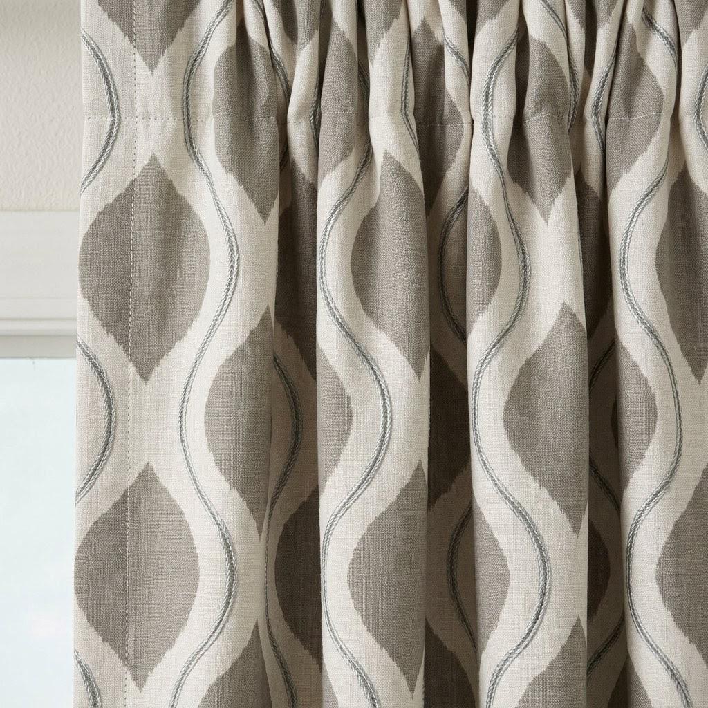 Taupe Grey Embroidered Ogee Linen Curtains, Custom Geometric Trellis Drapes (Blackout Lined) — image 8