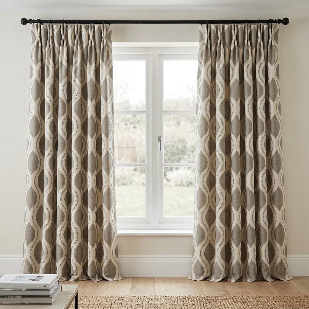 Taupe Grey Embroidered Ogee Linen Curtains, Custom Geometric Trellis Drapes (Blackout Lined) — image 10