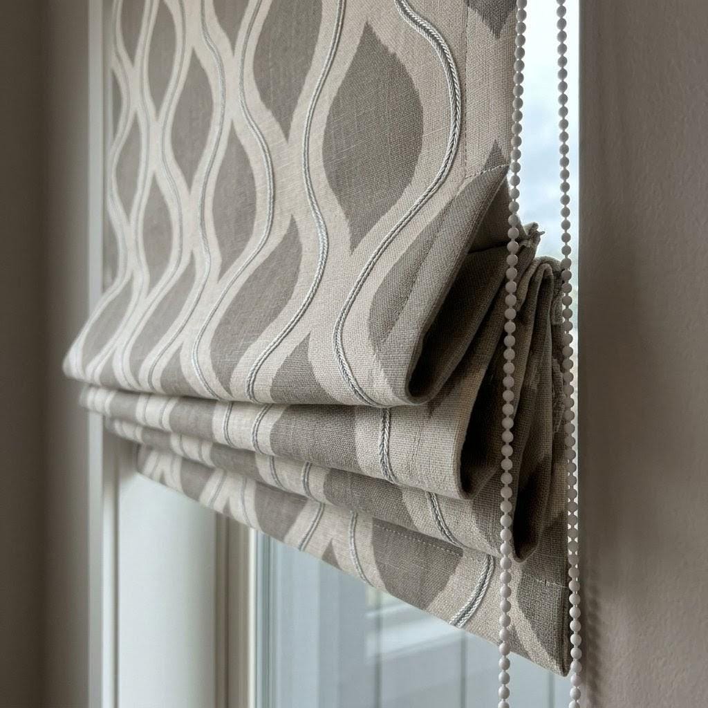 Custom Linen Roman Shades, Grey Ogee Geometric Embroidered Window Blinds (Blackout/Light Filtering) — image 3
