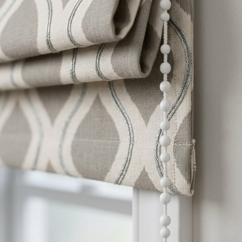 Custom Linen Roman Shades, Grey Ogee Geometric Embroidered Window Blinds (Blackout/Light Filtering) — image 5