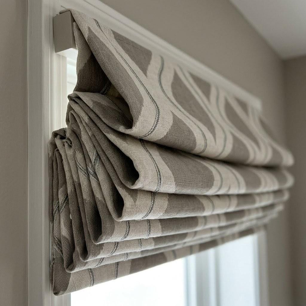 Custom Linen Roman Shades, Grey Ogee Geometric Embroidered Window Blinds (Blackout/Light Filtering) — image 7