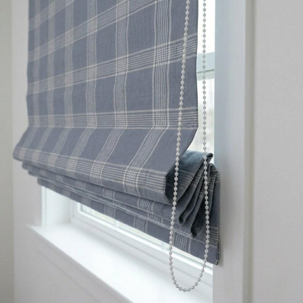 Dusty Blue Plaid Linen Roman Shade, Farmhouse Window Blind, OEKO-TEX — image 2