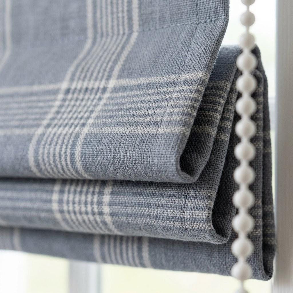 Dusty Blue Plaid Linen Roman Shade, Farmhouse Window Blind, OEKO-TEX — image 1