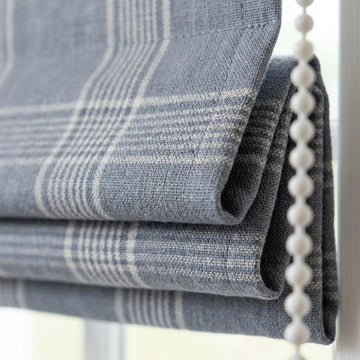 Dusty Blue Plaid Linen Roman Shade, Farmhouse Window Blind, OEKO-TEX — image 1