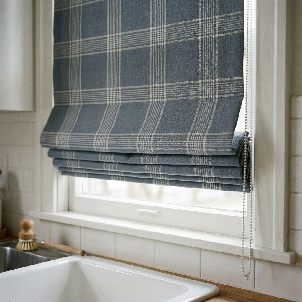 Dusty Blue Plaid Linen Roman Shade, Farmhouse Window Blind, OEKO-TEX — image 4