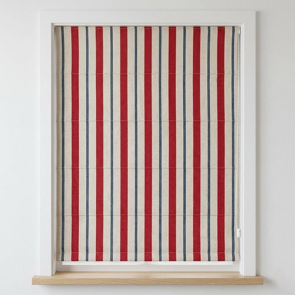 Farmhouse Stripe Roman Shade: Red & Blue Linen, Custom Fit — image 2