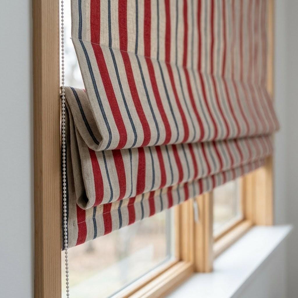 Farmhouse Stripe Roman Shade: Red & Blue Linen, Custom Fit — image 6