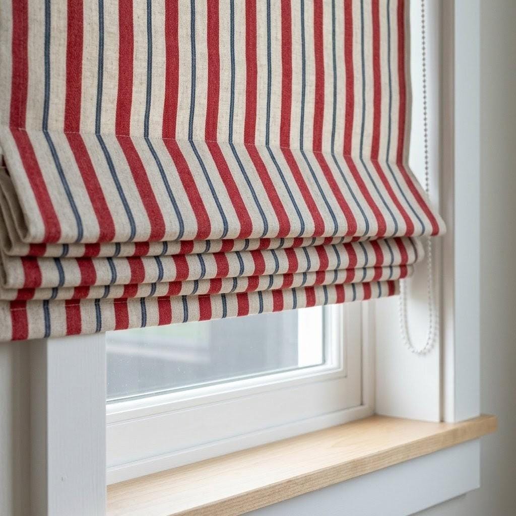 Farmhouse Stripe Roman Shade: Red & Blue Linen, Custom Fit — image 1