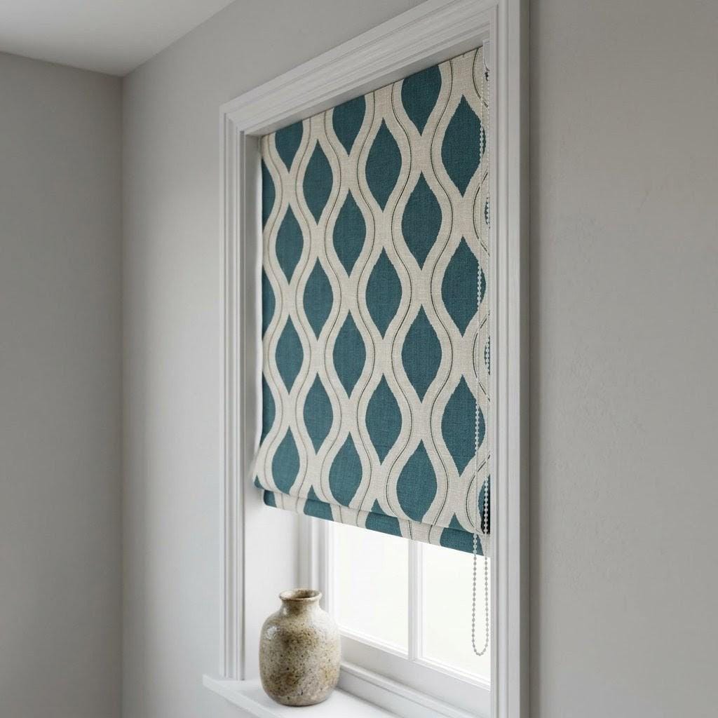 Teal Blue Geometric Linen Roman Shade, Ivory Embroidered Ogee Blind, Custom Window Treatment — image 2