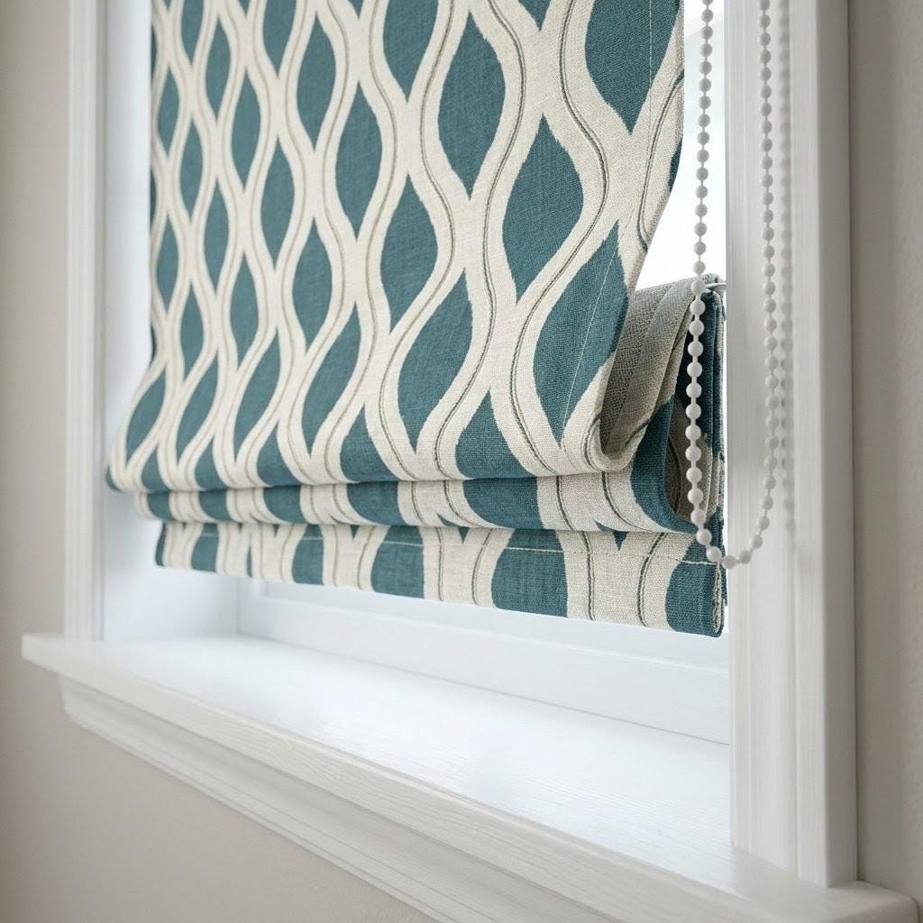 Teal Blue Geometric Linen Roman Shade, Ivory Embroidered Ogee Blind, Custom Window Treatment — image 4