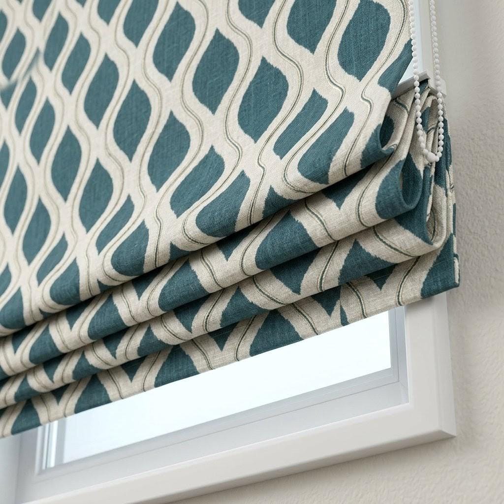 Teal Blue Geometric Linen Roman Shade, Ivory Embroidered Ogee Blind, Custom Window Treatment — image 6