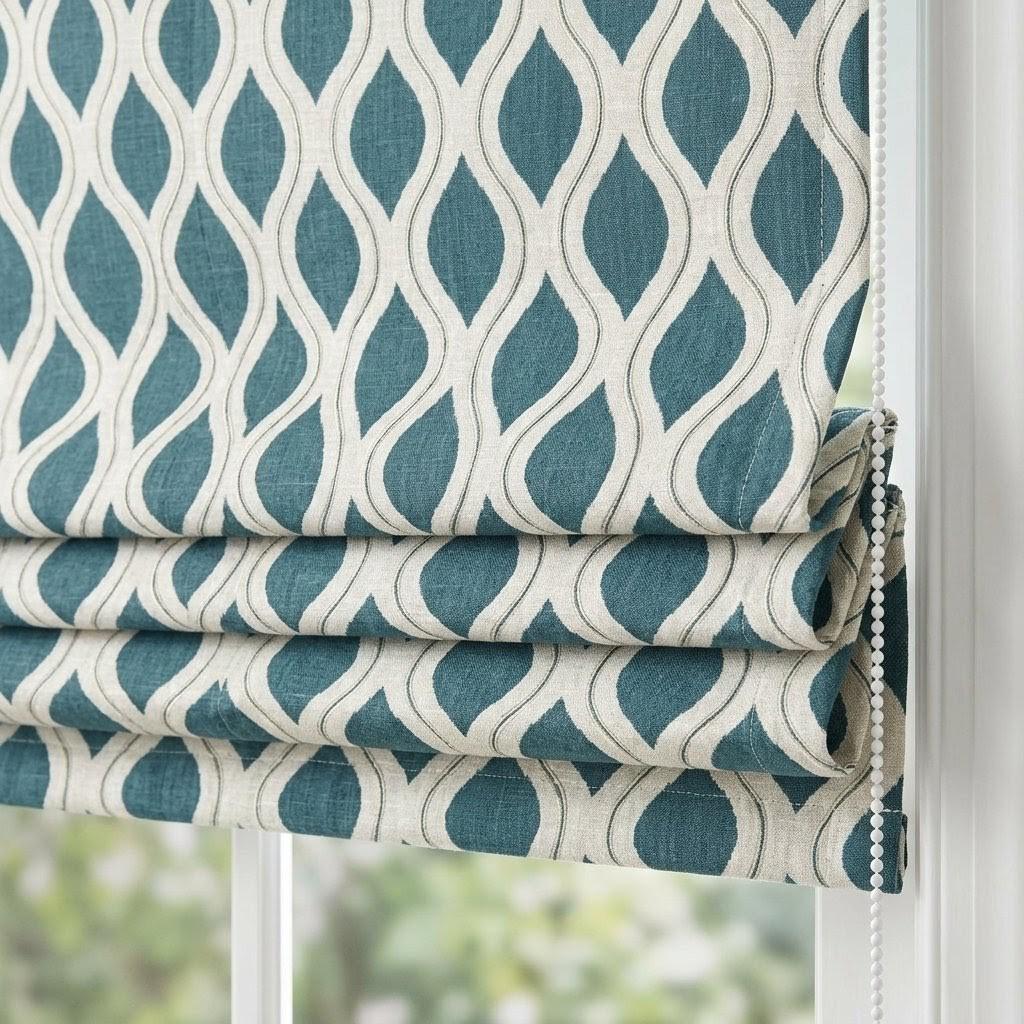 Teal Blue Geometric Linen Roman Shade, Ivory Embroidered Ogee Blind, Custom Window Treatment — image 3