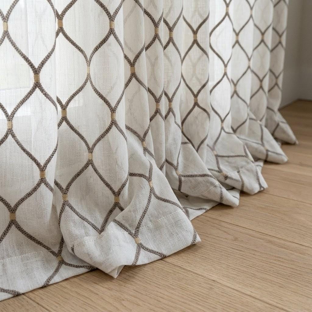 Ivory Linen Sheer Curtains, Brown Embroidered Trellis, Neutral Window Panels, Custom Drapes — image 1