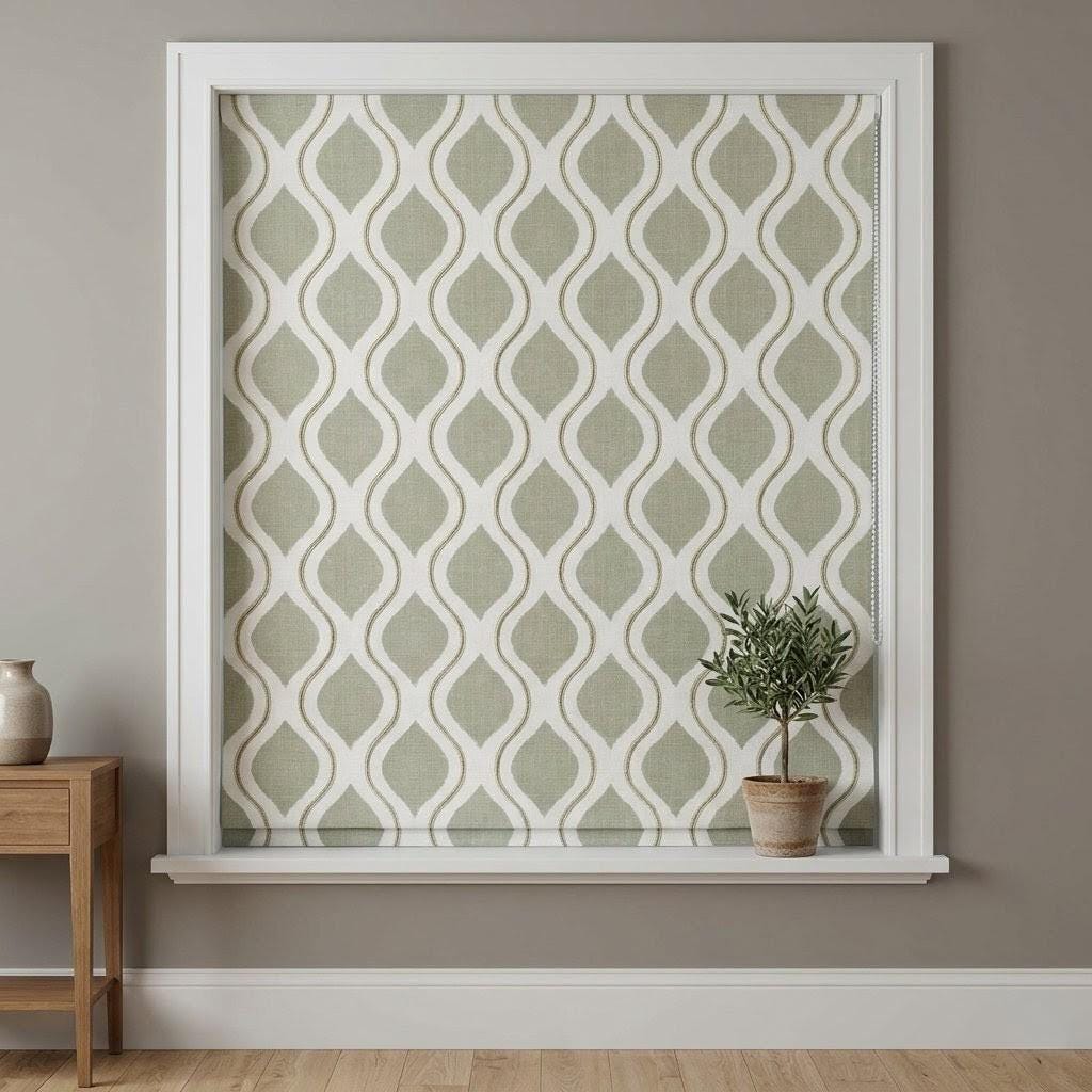 Sage Green Ivory Linen Roman Shade, Embroidered Ogee Geometric Blind — image 3