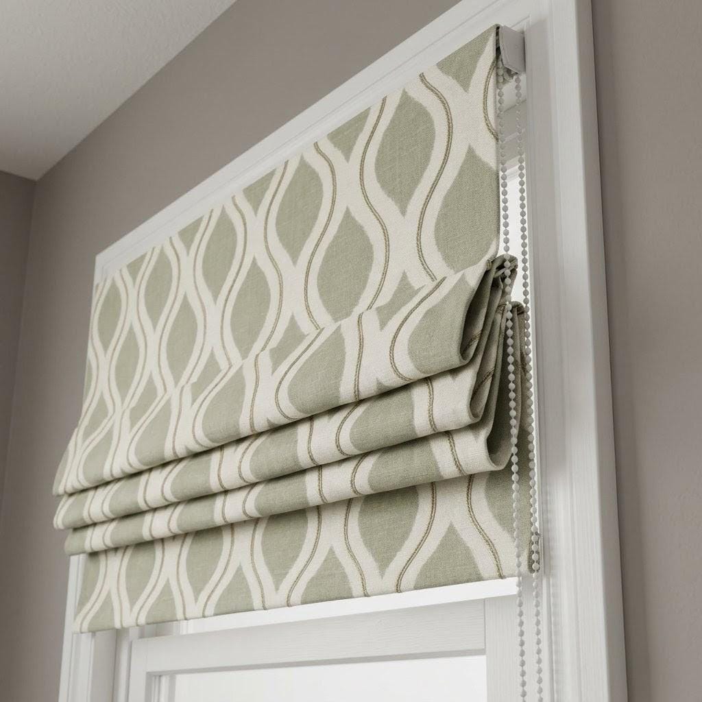 Sage Green Ivory Linen Roman Shade, Embroidered Ogee Geometric Blind — image 1