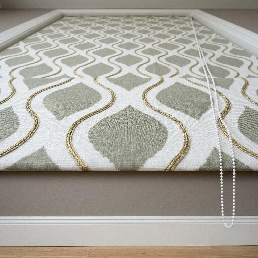 Sage Green Ivory Linen Roman Shade, Embroidered Ogee Geometric Blind — image 6