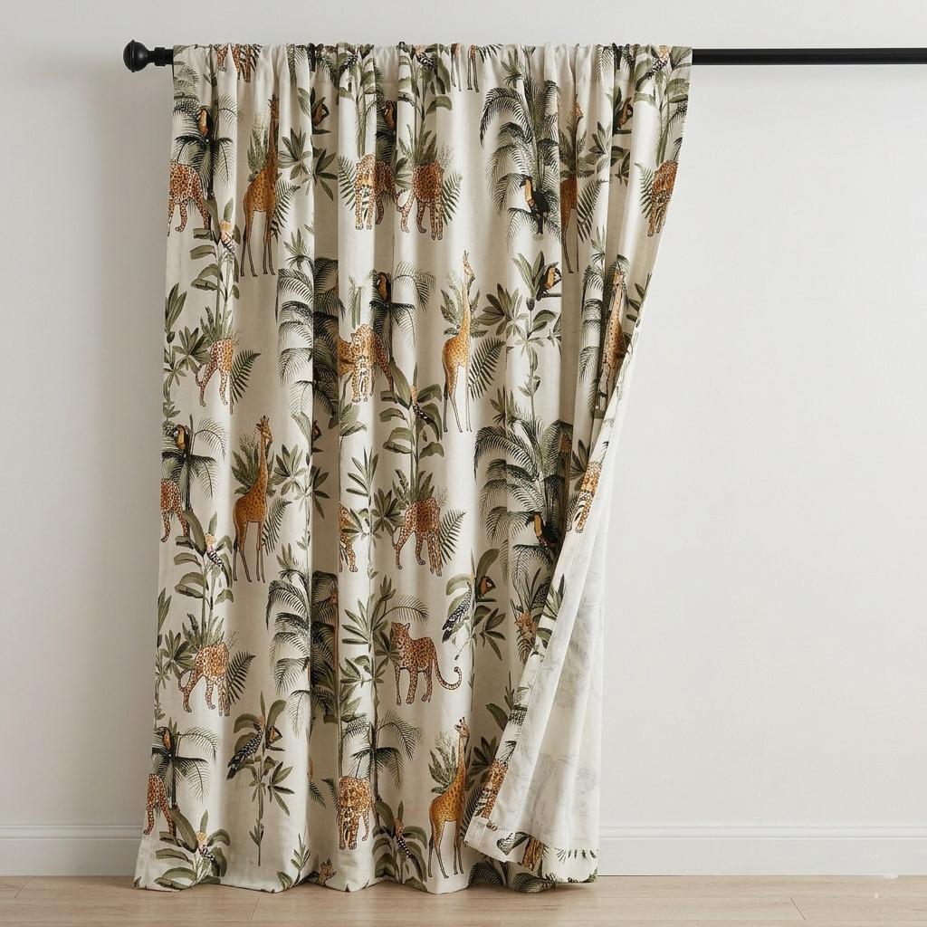Organic Cotton Hand Block Print Safari Jungle Curtains, Ivory Green Leopard Giraffe Drapes — image 10
