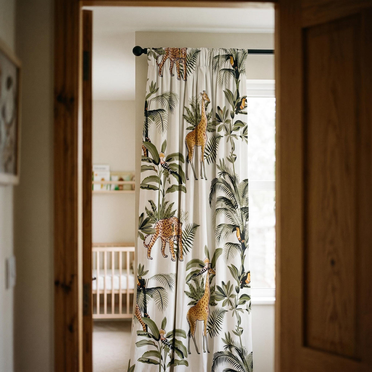 Organic Cotton Hand Block Print Safari Jungle Curtains, Ivory Green Leopard Giraffe Drapes — image 8
