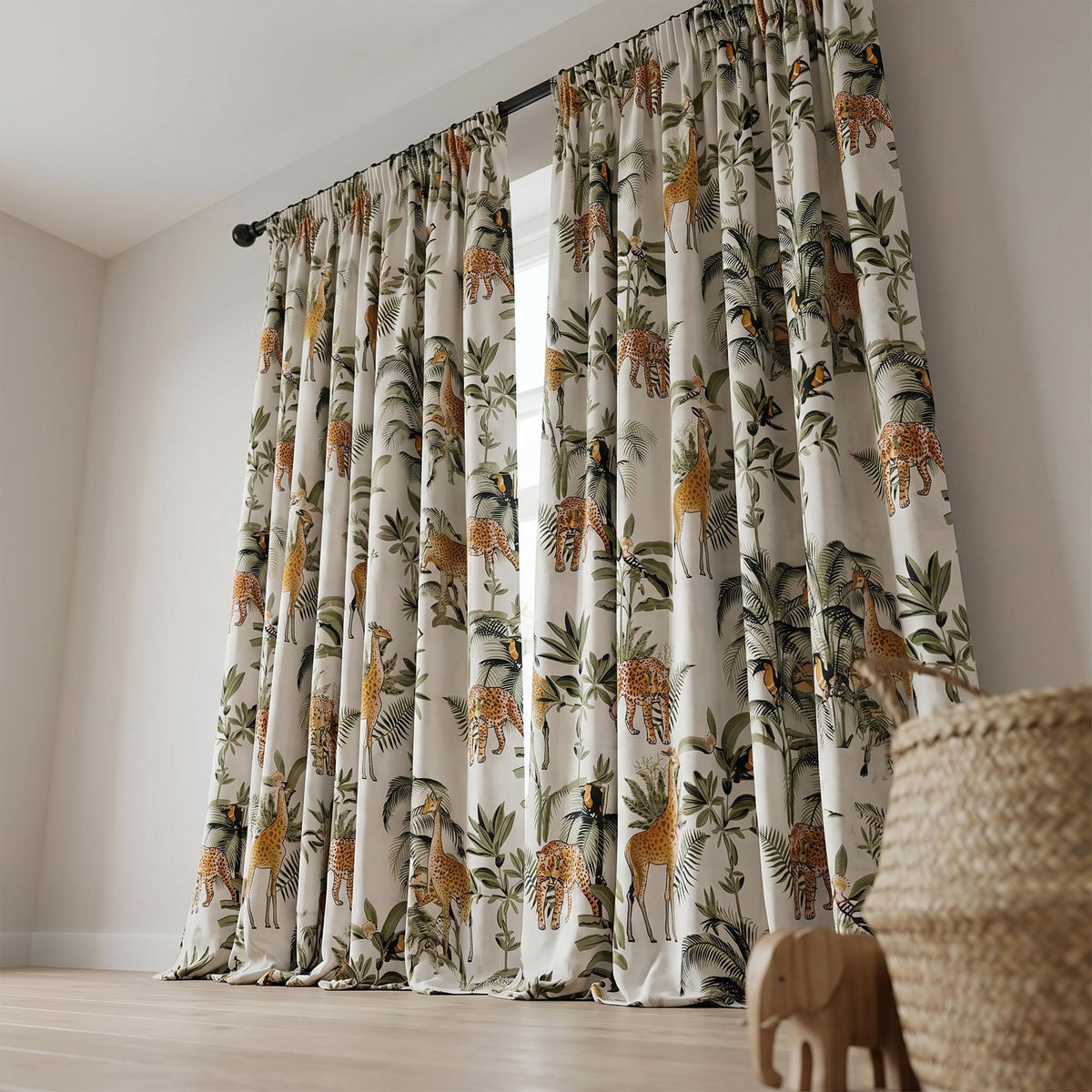 Organic Cotton Hand Block Print Safari Jungle Curtains, Ivory Green Leopard Giraffe Drapes — image 6