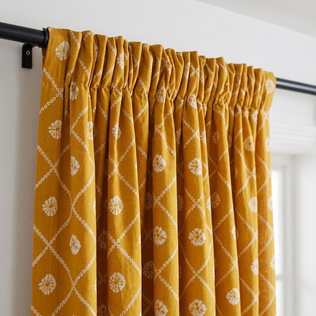 Mustard Yellow Organic Cotton Block Print Curtains, Indian Floral Lattice Window Panels — image 3