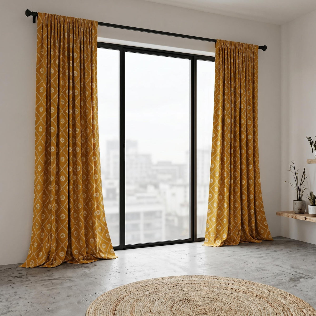 Mustard Yellow Organic Cotton Block Print Curtains, Indian Floral Lattice Window Panels — image 7