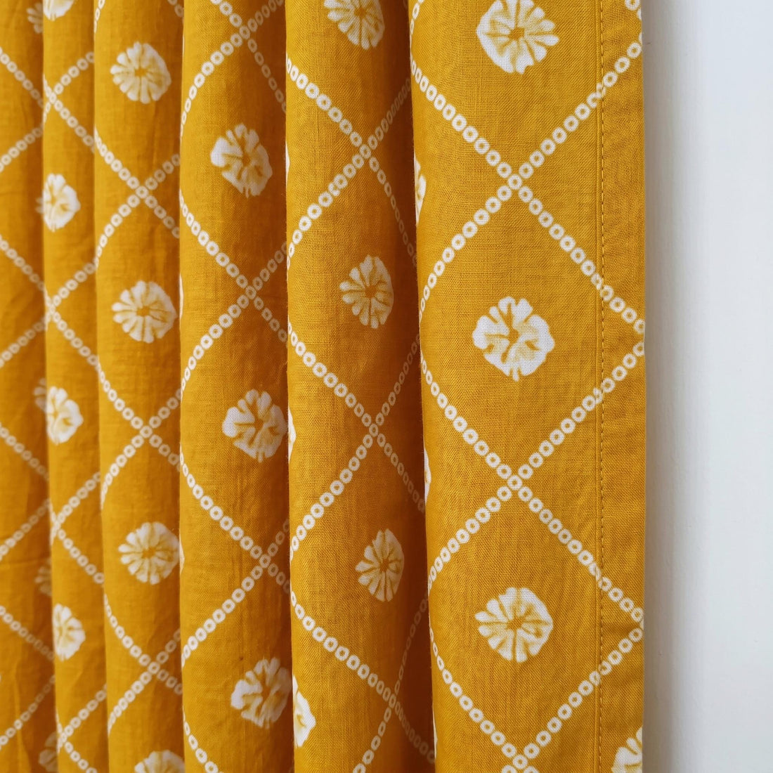 Mustard Yellow Organic Cotton Block Print Curtains, Indian Floral Lattice Window Panels — image 1