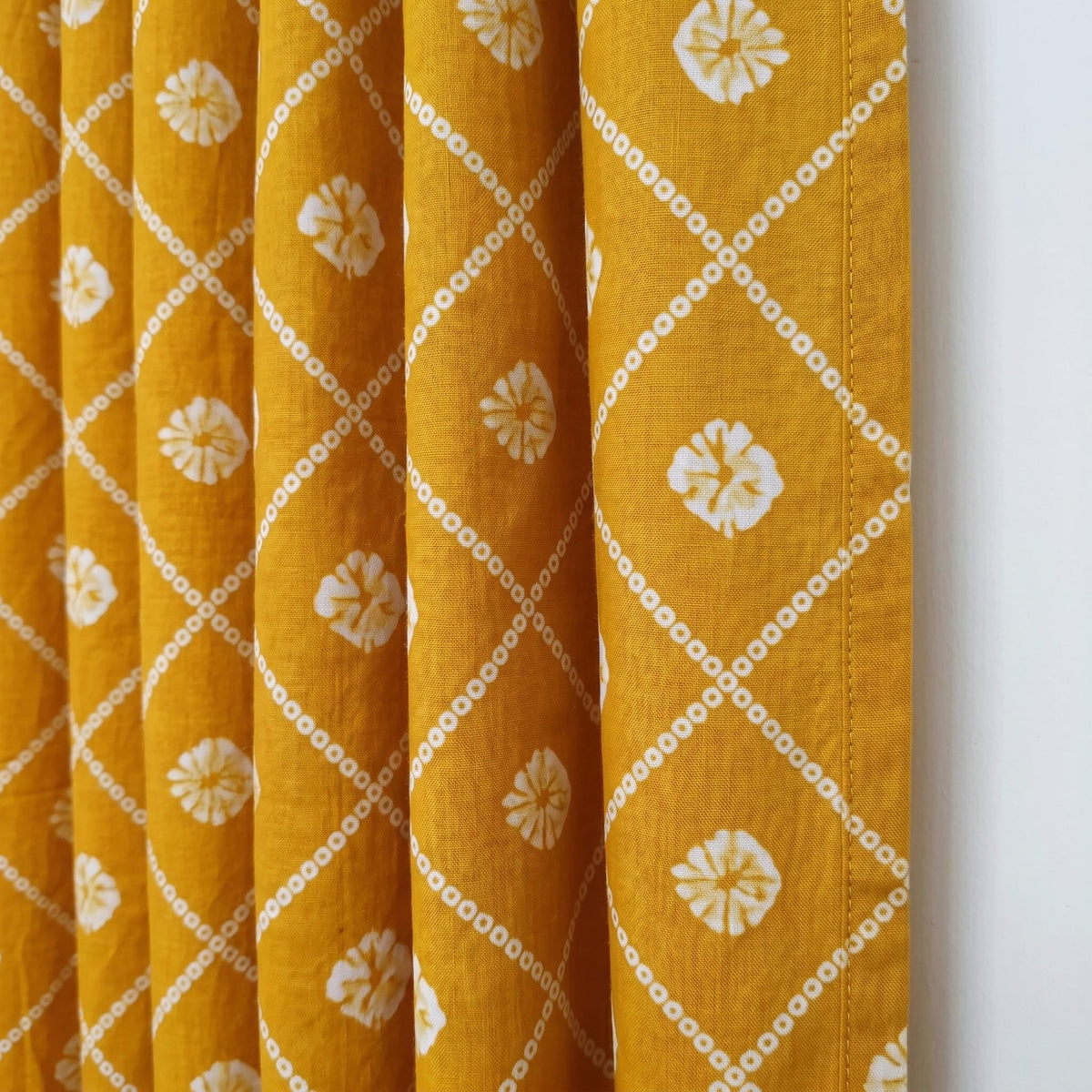 Mustard Yellow Organic Cotton Block Print Curtains, Indian Floral Lattice Window Panels — image 1