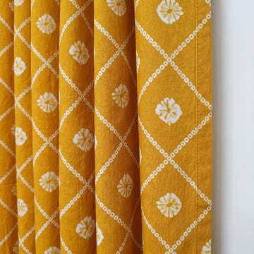 Mustard Yellow Organic Cotton Block Print Curtains, Indian Floral Lattice Window Panels — image 1