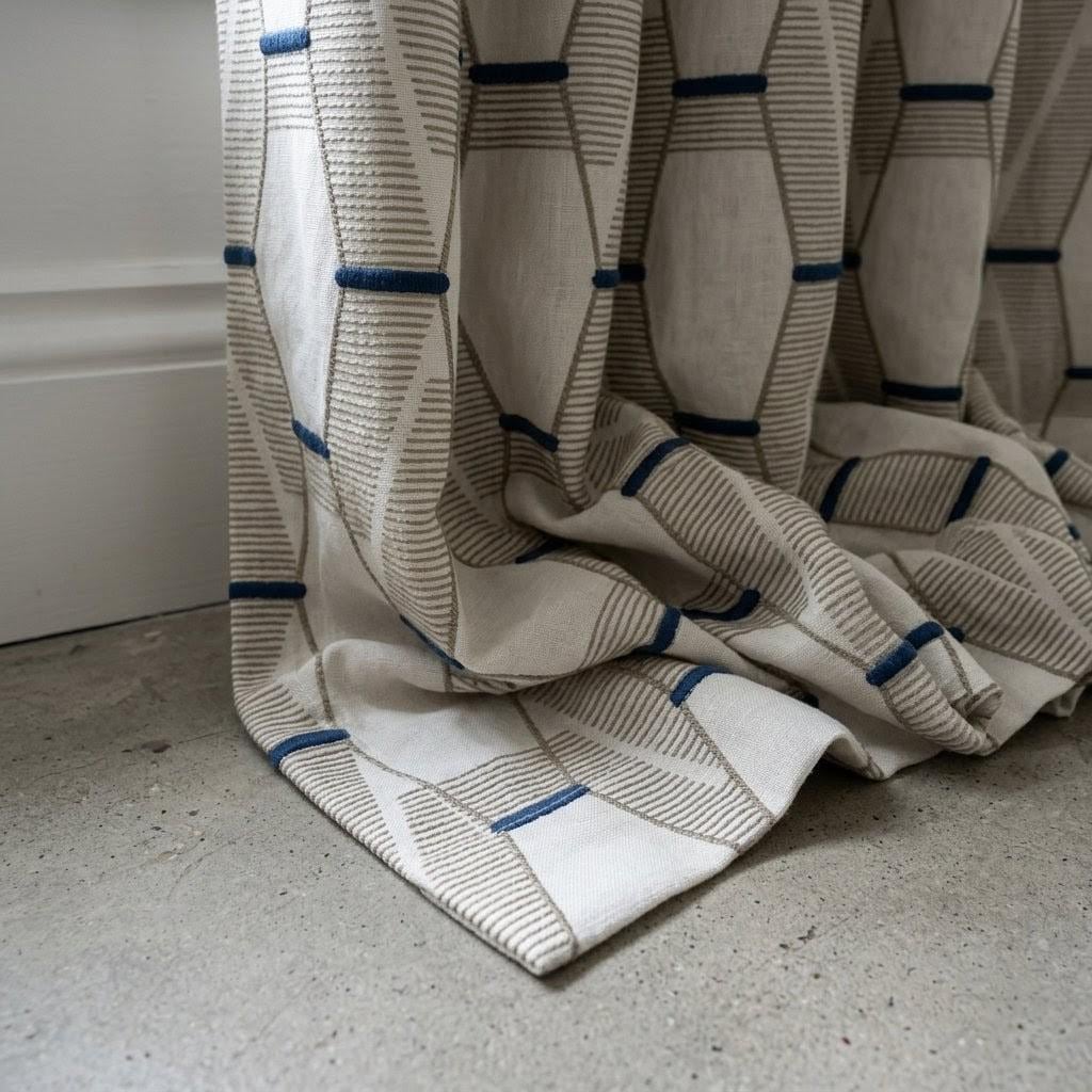 Pure Linen Geometric Embroidered Curtains, Ivory Taupe Navy Drapes, Custom Window Panels — image 1