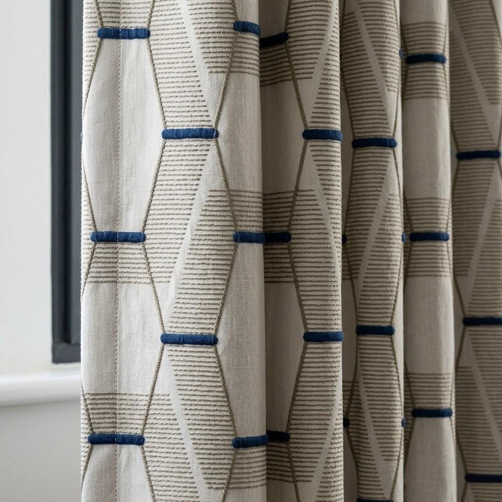 Pure Linen Geometric Embroidered Curtains, Ivory Taupe Navy Drapes, Custom Window Panels — image 1