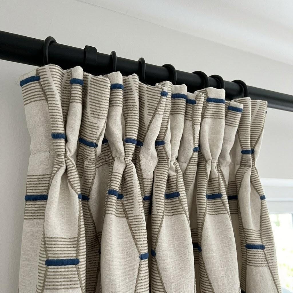 Pure Linen Geometric Embroidered Curtains, Ivory Taupe Navy Drapes, Custom Window Panels — image 6