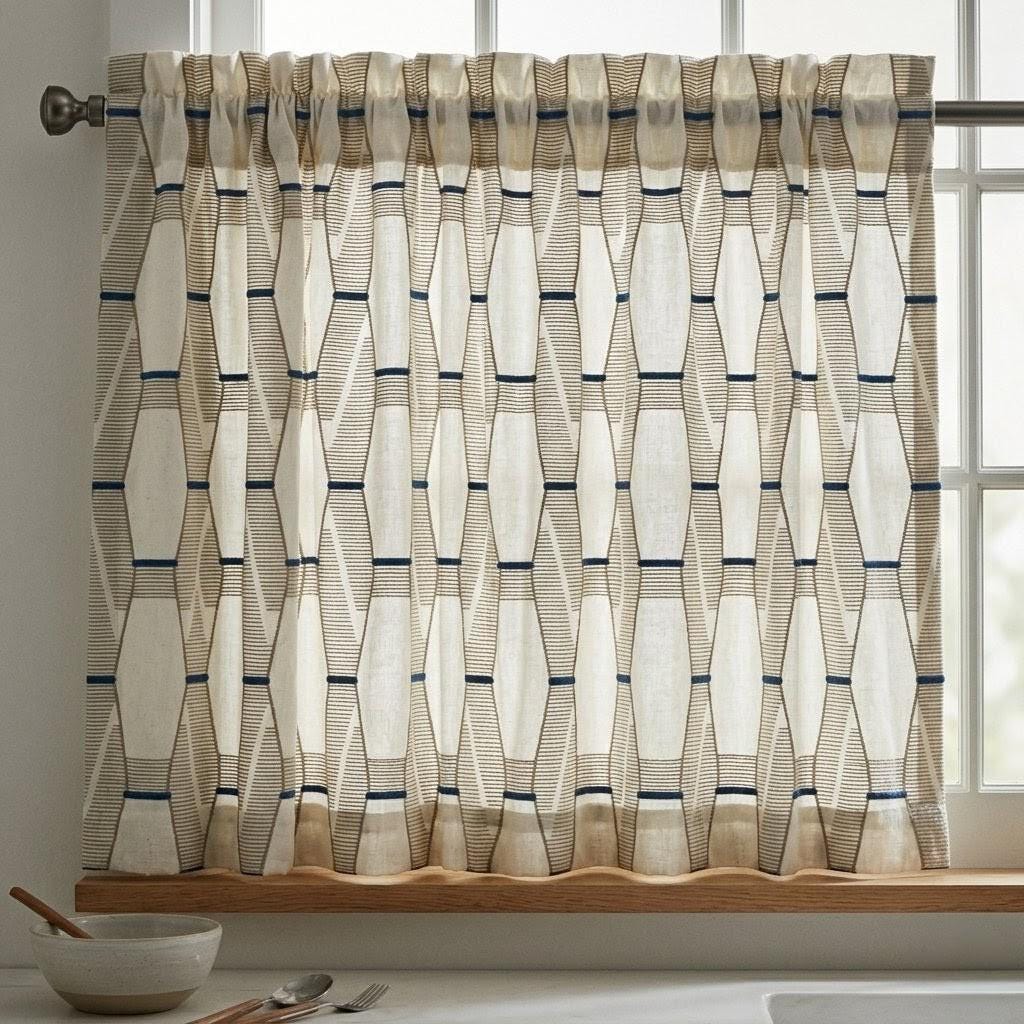 Pure Linen Geometric Embroidered Curtains, Ivory Taupe Navy Drapes, Custom Window Panels — image 5