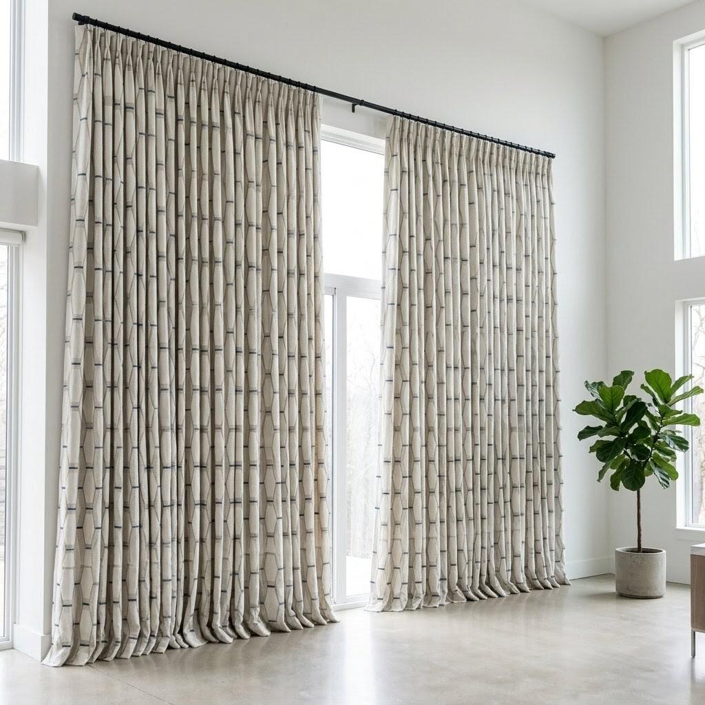 Pure Linen Geometric Embroidered Curtains, Ivory Taupe Navy Drapes, Custom Window Panels — image 4