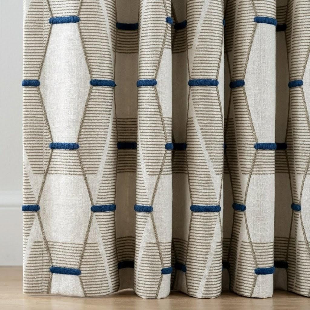 Pure Linen Geometric Embroidered Curtains, Ivory Taupe Navy Drapes, Custom Window Panels — image 7