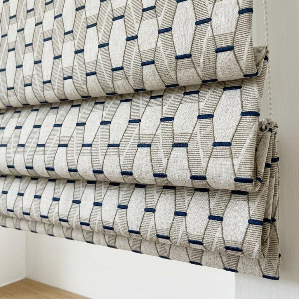 Embroidered Linen Roman Shade, Geometric Taupe Navy Window Blind, Custom Corded Shade — image 5