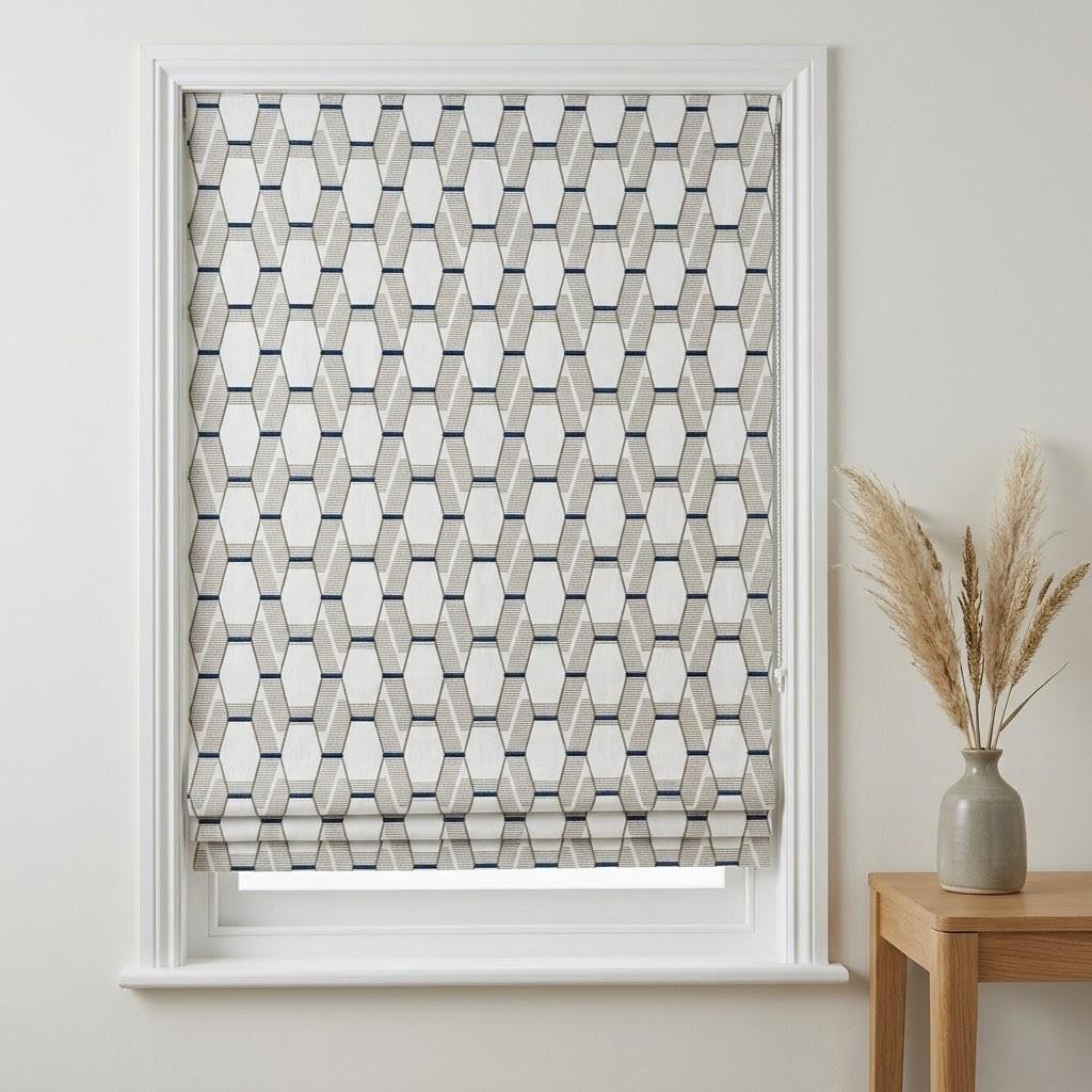 Embroidered Linen Roman Shade, Geometric Taupe Navy Window Blind, Custom Corded Shade — image 2
