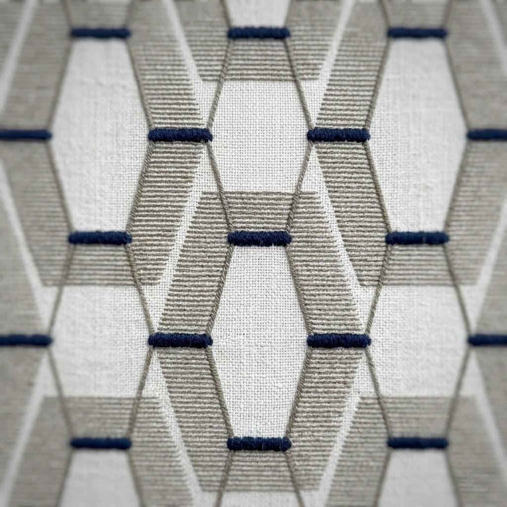 Embroidered Linen Roman Shade, Geometric Taupe Navy Window Blind, Custom Corded Shade — image 7