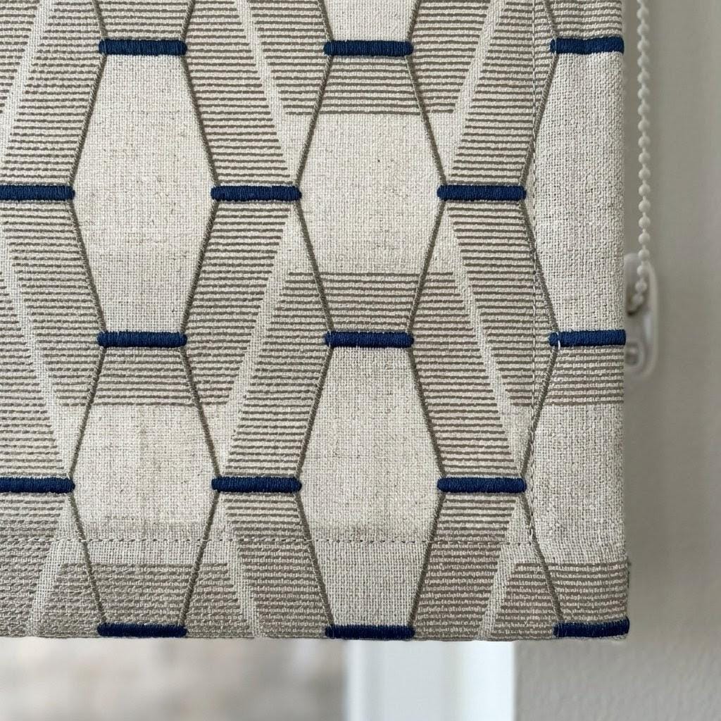 Embroidered Linen Roman Shade, Geometric Taupe Navy Window Blind, Custom Corded Shade — image 3