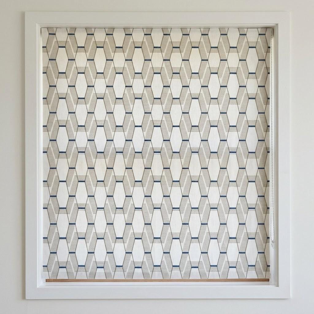 Embroidered Linen Roman Shade, Geometric Taupe Navy Window Blind, Custom Corded Shade — image 8