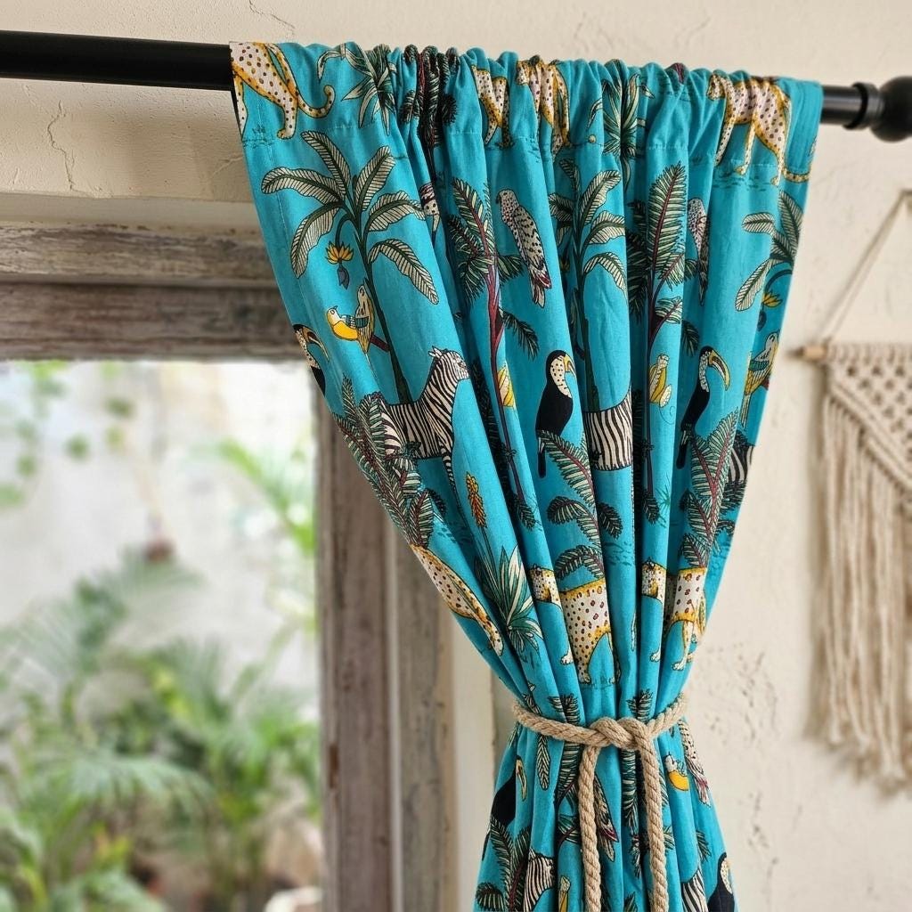 Organic Cotton Indian Block Print Safari Jungle Curtains, Turquoise Blue Animals — image 2