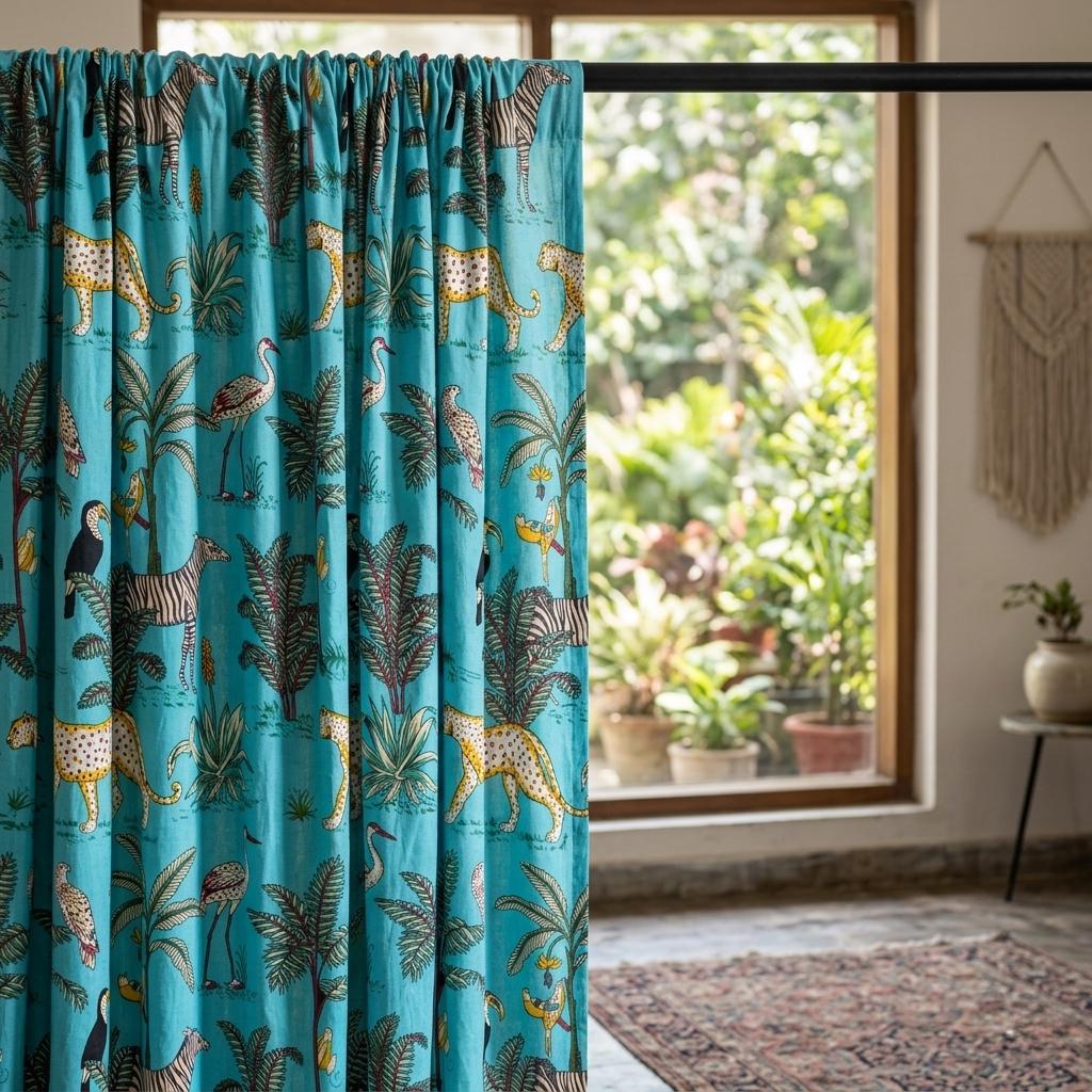 Organic Cotton Indian Block Print Safari Jungle Curtains, Turquoise Blue Animals — image 9