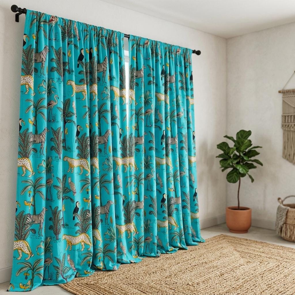 Organic Cotton Indian Block Print Safari Jungle Curtains, Turquoise Blue Animals — image 3