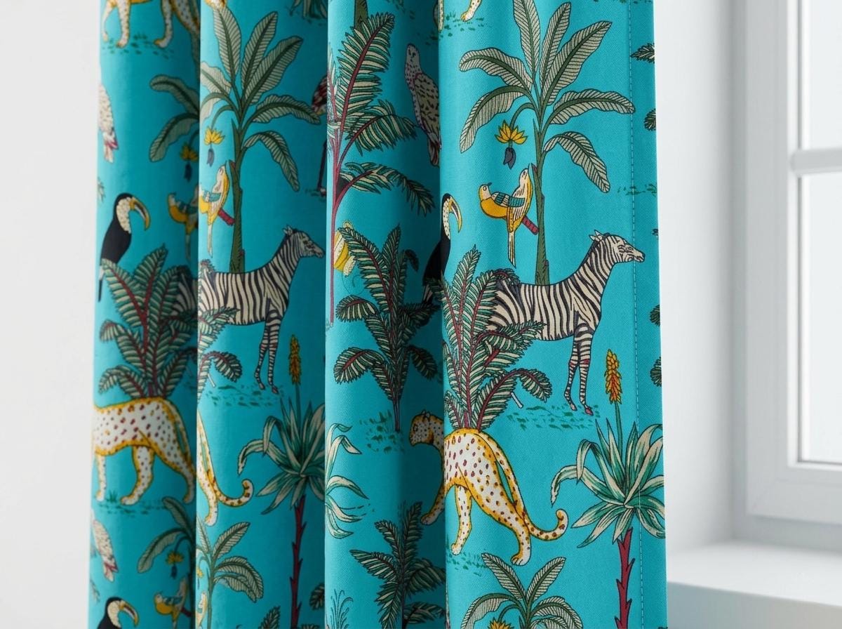 Organic Cotton Indian Block Print Safari Jungle Curtains, Turquoise Blue Animals — image 8