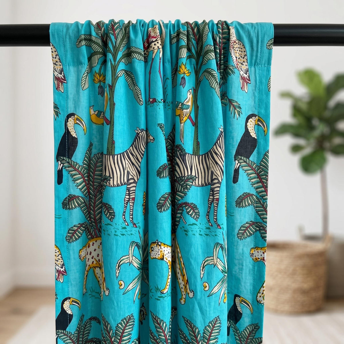 Organic Cotton Indian Block Print Safari Jungle Curtains, Turquoise Blue Animals — image 5
