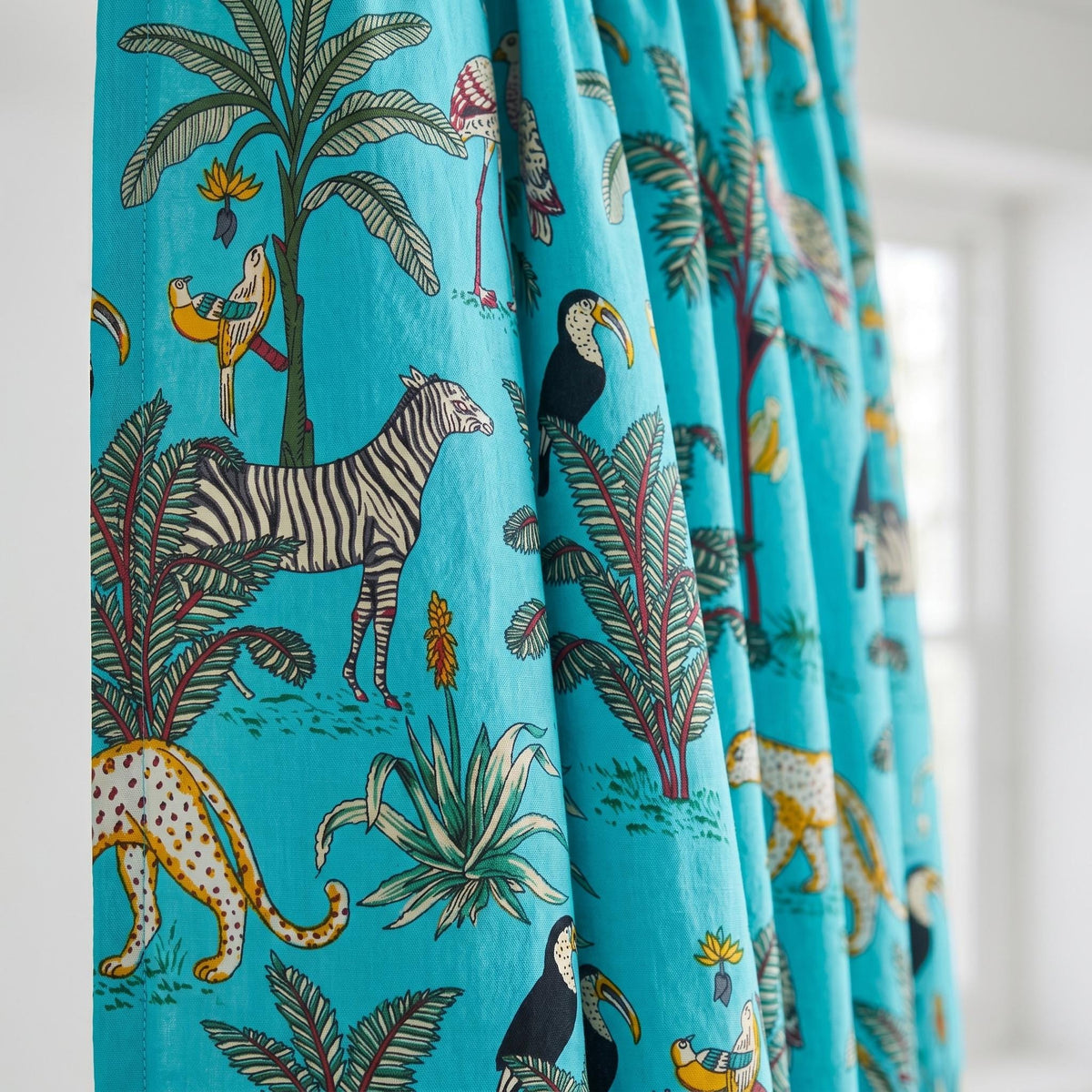 Organic Cotton Indian Block Print Safari Jungle Curtains, Turquoise Blue Animals — image 1