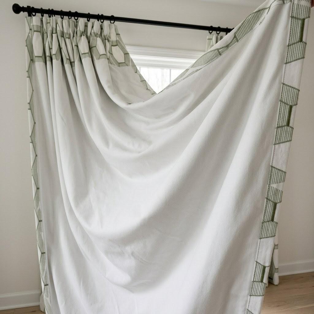Sage Olive Green Geometric Embroidered Linen Curtains, Ivory 300 GSM Custom Drapes — image 10