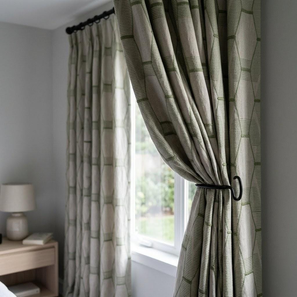 Sage Olive Green Geometric Embroidered Linen Curtains, Ivory 300 GSM Custom Drapes — image 5