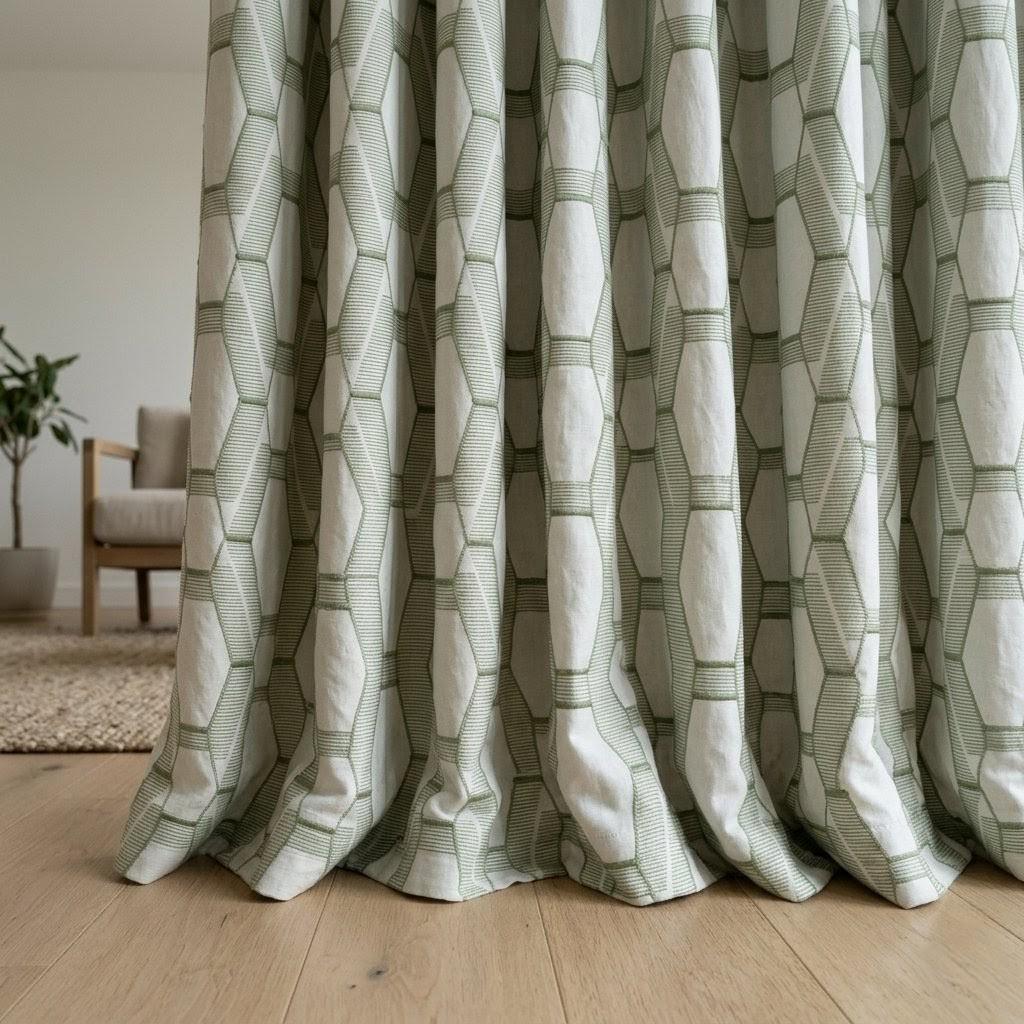 Sage Olive Green Geometric Embroidered Linen Curtains, Ivory 300 GSM Custom Drapes — image 2