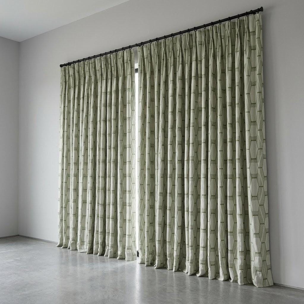 Sage Olive Green Geometric Embroidered Linen Curtains, Ivory 300 GSM Custom Drapes — image 7