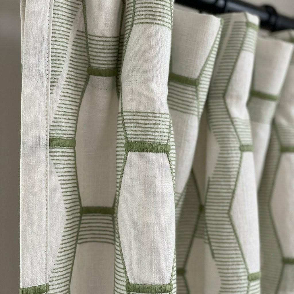 Sage Olive Green Geometric Embroidered Linen Curtains, Ivory 300 GSM Custom Drapes — image 8